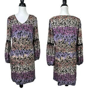 MSK | Black & Purple Micro Floral Print Long Sleeve V-neck Mini Shift Dress